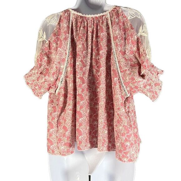 Urban Outfitters Women's Floral Blouse Mesh Sleeve Top Pleated Pink Rose Small - Picture 2 of 13